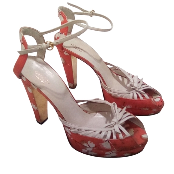 Gucci Floral Bow Peep Toe Ankle Strap Heels Silk Platform 5" Heels Size 7.5 - Picture 2 of 5